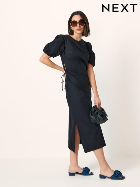Black Ruched Side Puff Sleeve Midi Dress (N59879) | € 24