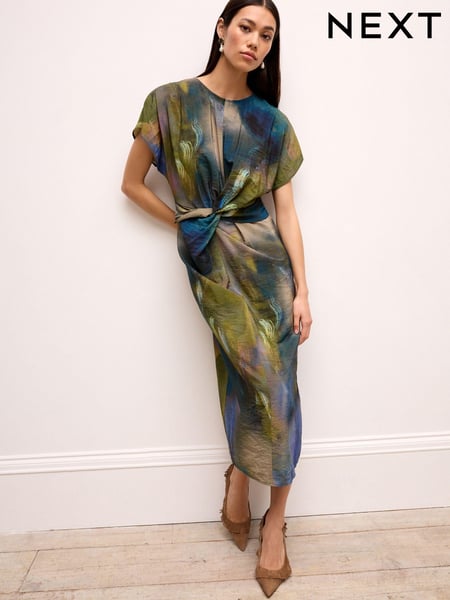 Blue Blur Print Twist Waist Short Sleeve Midi Dress (N59883) | € 28