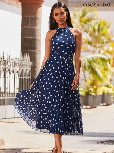 Sosandar Blue Halter Neck Pleated Skirt Dress (N60214) | € 123