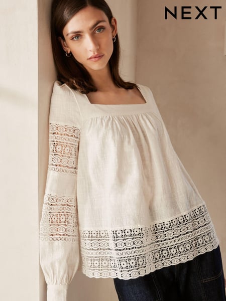 Ecru Premium Long Sleeve Embroidered Lace Square Neck Blouse (N60341) | € 15