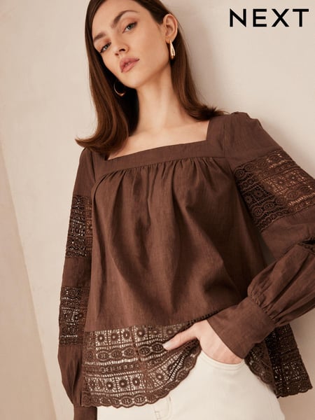 Chocolate Brown Premium Long Sleeve Embroidered Lace Square Neck Blouse (N60342) | € 15