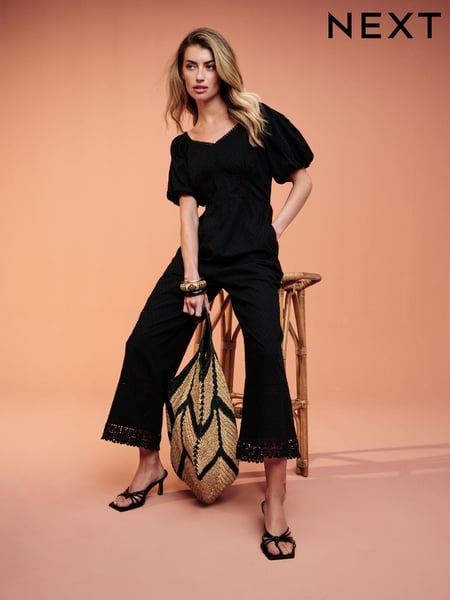 Black Dobby Textured Short Sleeve Jumpsuit (N60404) | € 16