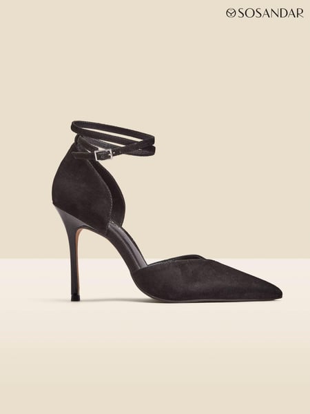 Sosandar Black Leather Ankle Strap Flared Heel Court Shoes (N62330) | € 69