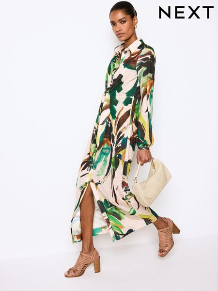 Ecru Palm Print Shirt Midi Dress (N63923) | € 14