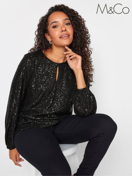 M&Co Black Sequin Keyhole Bellow Sleeve Blouse (N64272) | € 14