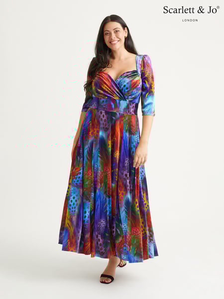 Scarlett & Jo Blue & Red Multi Peacock Print Elizabeth Velvet Maxi Gown (N64387) | € 211