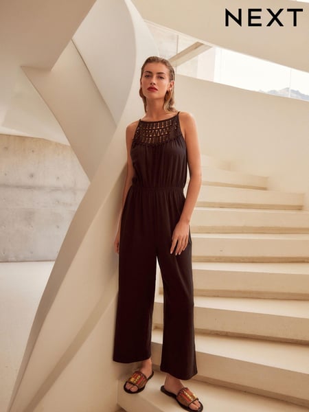 Black Crochet Detail Sleeveless Wide Leg 100% Cotton Jumpsuit (N64650) | € 8