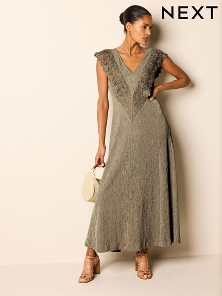 Khaki Green Crochet V-Neck Midi Dress (N64662) | € 23