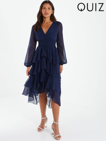 Quiz Navy Blue Chiffon Long Sleeve Tiered Midi Dress (N66278) | € 20