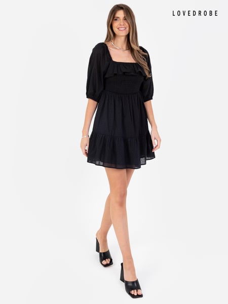 Lovedrobe Black Smocked Bodice Square Neck Puff Sleeve Mini Dress (N68960) | € 15