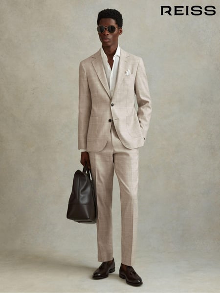 Reiss Oatmeal Boxhill Slim Fit Linen Blend Check Trousers (N69350) | € 231
