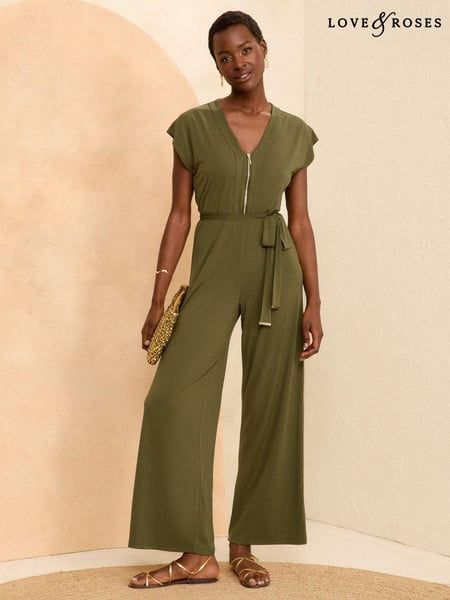 Love & Roses Khaki Green Jersey Zip Detail Wide Leg Jumpsuit (N69919) | € 32