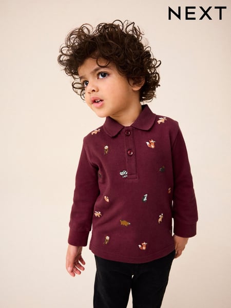 Burgundy Red Long Sleeve Quarter Zip 100% Cotton All-Over Embroidered Polo Shirt (3mths-7yrs) (N71077) | € 3 - € 4