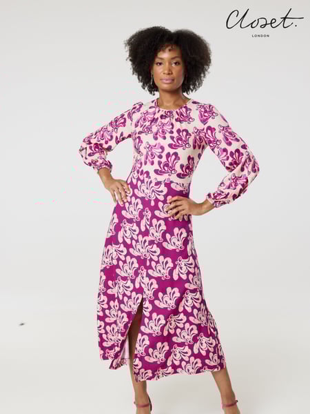 Closet London Pink Print Gathe Neck Midi Dress (N71151) | € 34