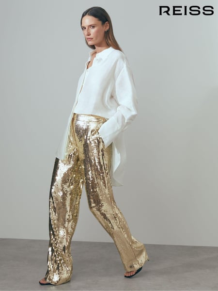 Reiss Gold Celia Atelier Sequin Wide Leg Trousers (N71808) | € 445