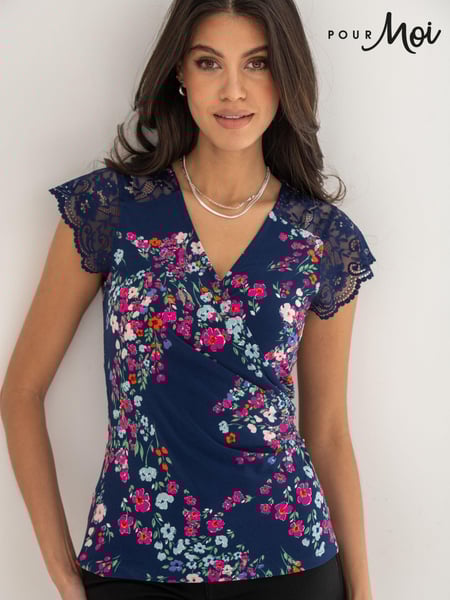 Pour Moi Purple & Blue Julie Fuller Bust Slinky Jersey Lace Trim Wrap Top (N72147) | € 55