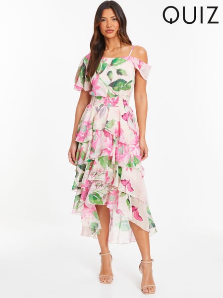 Quiz Natural Chiffon Cold Shoulder Tiered Dip Hem Dress (N72672) | € 20