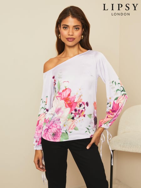 Lipsy Lilac Floral Asymmetic Bardot Neck Slinky Top (N73003) | € 8