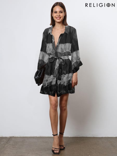 Religion Black Tie Dye Tunic Shirt Dress With Kimono Sleeves in Bright Floral Print (N73383) | € 140