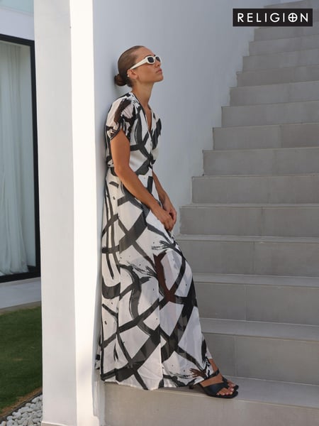 Religion White The Dusk Wrap Dress With Cap Sleeve in Abstract Print (N73432) | € 66