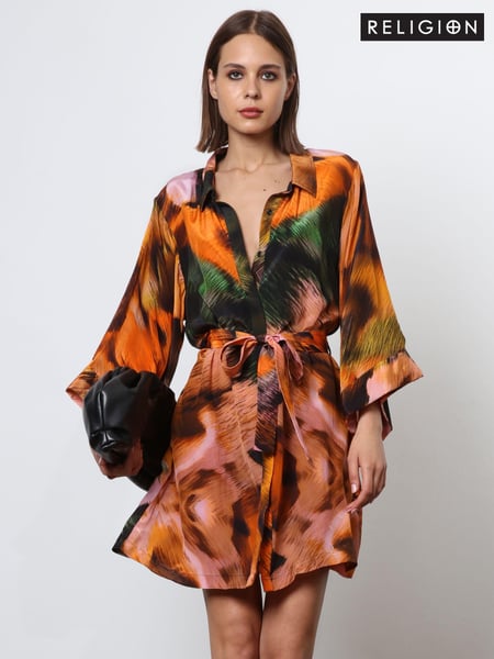 Religion Orange Tunic Shirt Dress With Kimono Sleeves in Bright Floral Print (N73497) | € 140