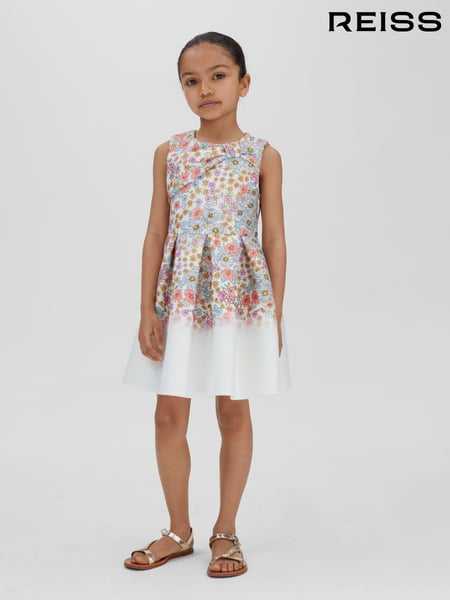 Reiss Pink Print Emmie 13-14 yrs Floral Scuba Bow Fit-and-Flare Dress (N74279) | € 98