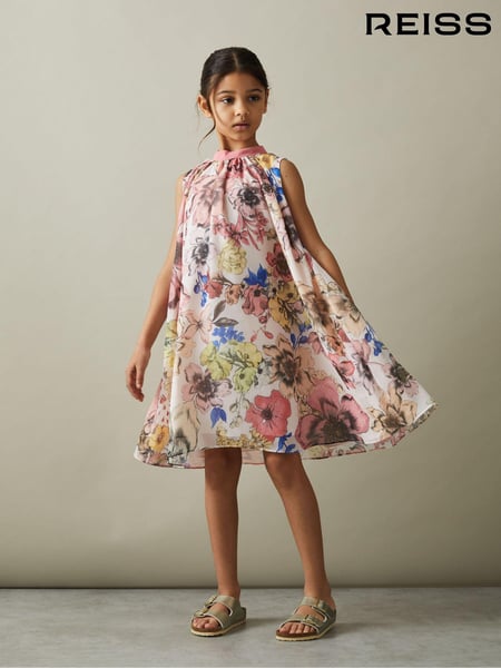 Reiss Pink Print Kady 4-9 yrs Floral Print Halter Neck Dress (N74297) | € 117