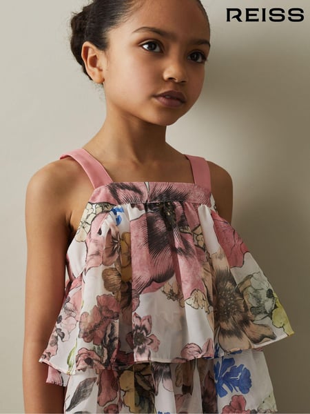 Reiss Pink Print Arina 9-13 yrs Tiered Floral Print Top Co-Ord (N74376) | € 73