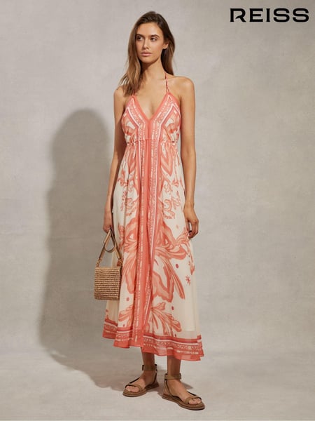 Reiss Coral Delilah Printed Ruched Waist Midi Dress (N74414) | € 387