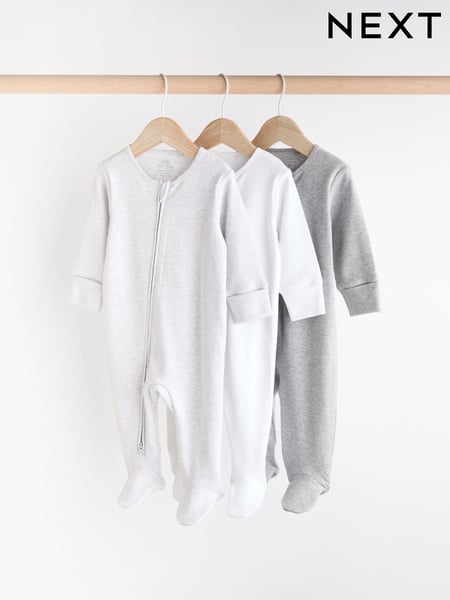 Grey Essential Zipped 100% Cotton Baby Sleepsuits 3 Pack (0-3yrs) (N75360) | € 21 - € 24