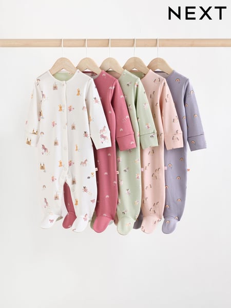 Pastel Character 5 Pack Baby Footed 100% Cotton Sleepsuits 5 Pack (0-2yrs) (N77694) | € 41 - € 44