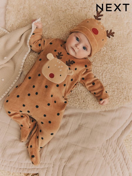 Brown Reindeer Baby Christmas Sleepsuit & Hat Set (0mths-2yrs) (N77808) | € 14 - € 16