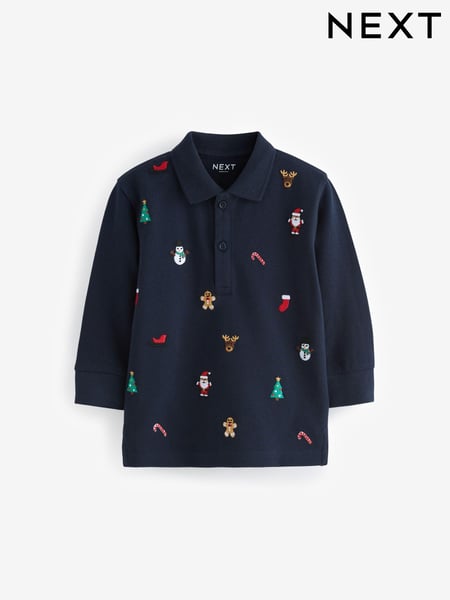 Navy Blue Christmas Long Sleeve 100% Cotton All-Over Embroidered Polo Shirt (3mths-7yrs) (N78054) | € 11 - € 14