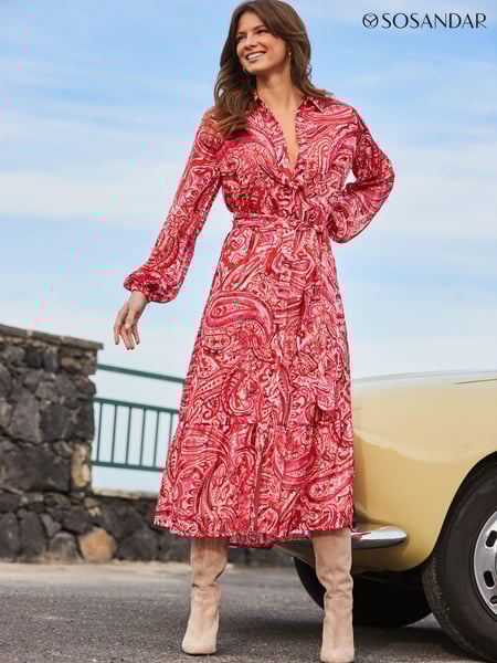 Sosandar Red Blouson Sleeve Belted Midi Shirt Dress (N78659) | € 123