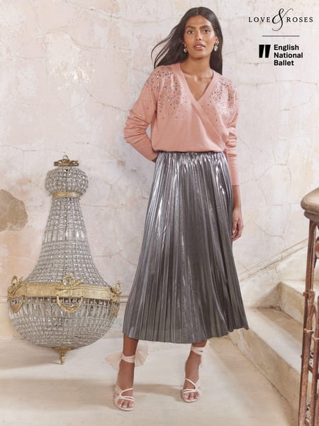 Love & Roses Grey Pleated Lame Midi Skirt (N78752) | € 27