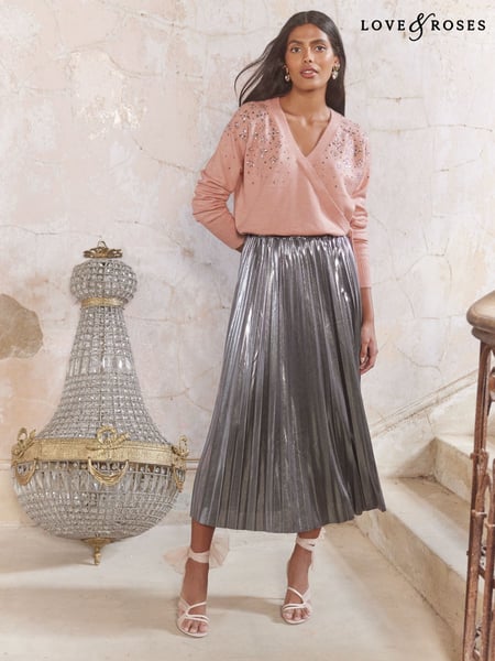 Love & Roses Grey Petite Pleated Lame Midi Skirt (N78754) | € 33