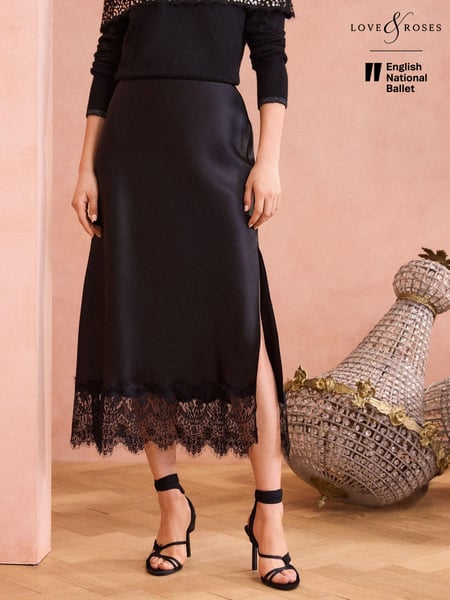 ENB | Love & Roses Black Lace Hem Satin Midaxi Skirt (N78756) | € 30