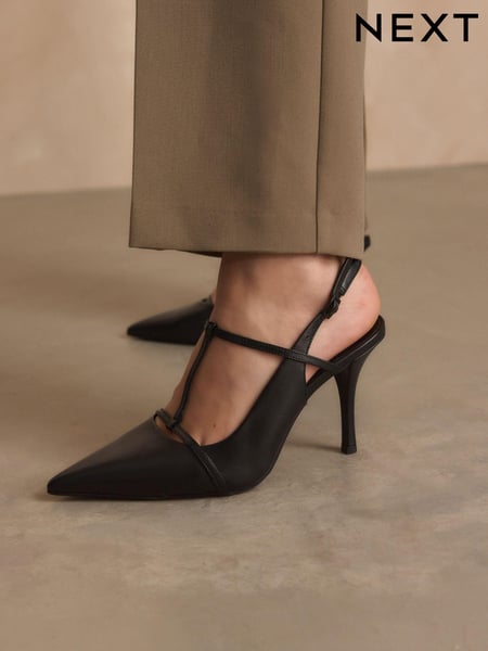 Black Forever Comfort® Leather T-Bar Point Toe Heels (N90210) | € 35