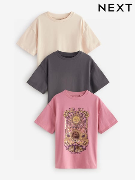 Pink/Cream/Charcoal Oversized Sequin Celestial T-Shirts 3 Pack (3-16yrs) (N94119) | € 23 - € 31