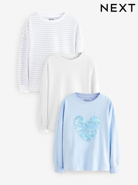 Blue/White Sequin Heart Boxy 100% Cotton Long Sleeve T-Shirts 3 Pack (3-16yrs) (N94122) | € 10 - € 13