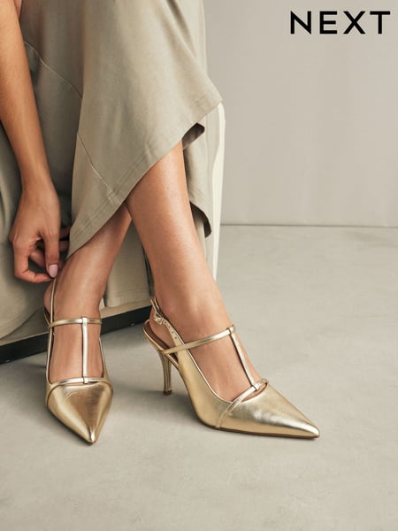 Gold Forever Comfort® Leather T-Bar Point Toe Heels (N94744) | € 35