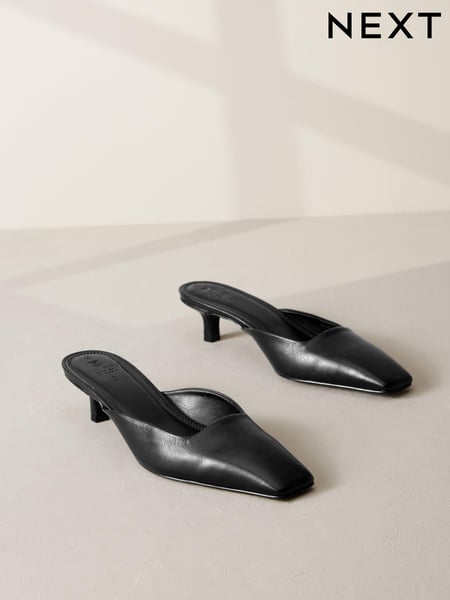 Black Premium Forever Comfort® Leather Square Toe Kitten Mules (N95241) | € 43
