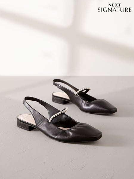 Black Signature Leather Square Toe Sling Back Mary Janes Shoes (N95602) | € 40