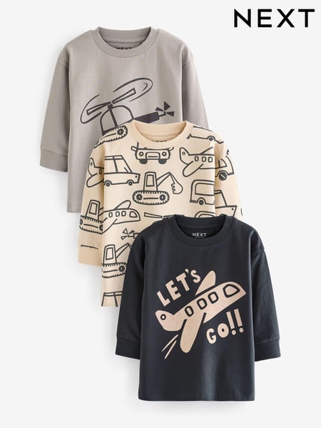 Black/Grey 100% Cotton Long Sleeve Transport T-Shirts 3 Pack (3mths-7yrs) (N96315) | € 9 - € 11