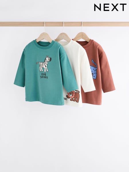 Blue/Brown 100% Cotton Long Sleeve Animal Print Character T-Shirts 3 Pack (3mths-7yrs) (N96317) | € 14 - € 18