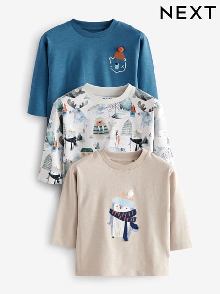Blue/White 100% Cotton Long Sleeve Animal Print Character T-Shirts 3 Pack (3mths-7yrs) (N96318) | € 18 - € 21