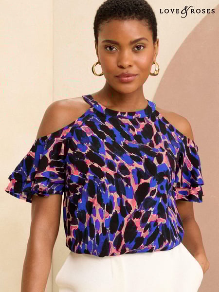 Love & Roses Blue Animal Cold Shoulder Printed Blouse (N97973) | € 20