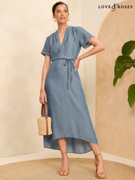Love & Roses Navy Blue Short Sleeve Crochet Detail Tencel Denim Midi Dress (N98085) | € 34