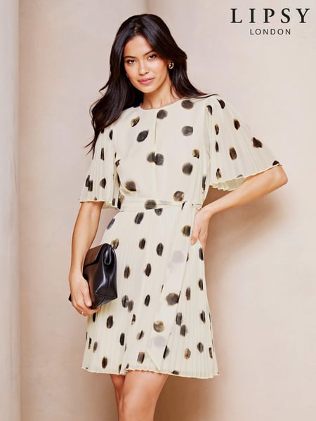Lipsy White Polka Dot Short Flutter Sleeve Pleated Mini Dress (N98265) | € 19