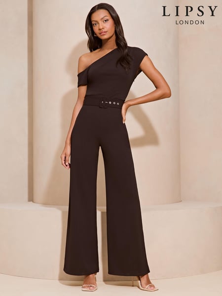 Lipsy Black Belted One Shoulder Bardot Wide Leg Jumpsuit (N98349) | € 49